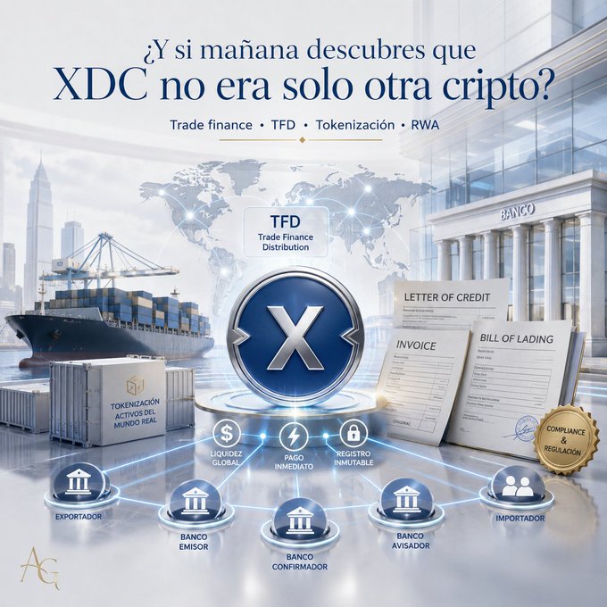 A promotional graphic for XDC cryptocurrency featuring the headline "¿Y si mañana descubres que XDC no era solo otra cripto?" alongside key concepts including "Trade finance • TFD • Tokenización • RWA," with a central XDC logo connected to trade-related documents (Letter of Credit, Invoice, Bill of Lading) and a network diagram showing parties like Exportador, Banco Emisor, Banco Confirmador, Banco Avisador, and Importador—visually reinforcing the post's message about XDC's real-world applications in international trade finance beyond typical cryptocurrency use cases.
