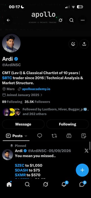 A screenshot of an X (Twitter) profile for a user named "Ardi" (@ArdiNSC), a CMT (Lev1) & Classical Chartist, showing a pinned post about missed stock targets including $ZEC, $DASH, and $XMR.
