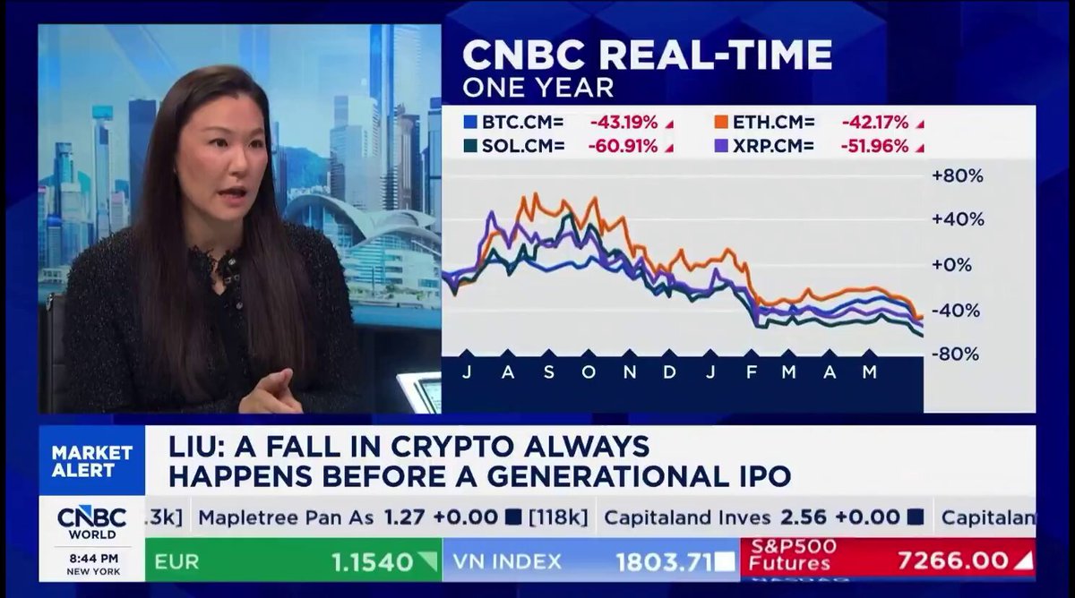 The image shows a woman sitting at a desk with a computer screen displaying a news segment about cryptocurrency. The headline of the news segment reads "Liu A Fall In Crypto Always Happens Before a Generational IPO". This suggests that there is an upcoming cryptocurrency token launch, and the market is anticipating its impact on the financial system. The woman appears to be discussing this topic with someone else or presenting information about it.