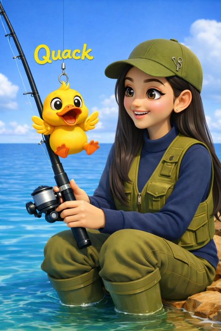 The image features a cartoon girl sitting by a body of water, holding a fishing rod with a yellow duck attached to it. The girl appears to be smiling as she looks at her feathered companion. The background shows an ocean view, adding to the overall atmosphere of the scene. The caption "@wallchain What I like about @wallchain is that it rewards real impact not just attention" suggests that the image might be related to a social media post or advertisement promoting wallchain as a way to recognize and reward engagement with valuable content.