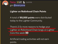A tweet from 'Twixy' (@everyone) announces 'Lighter on Robinhood Chain Points', noting 'A total of 80,000 points were distributed today' with an underlined phrase: 'There's 2.5x more reasons to hedge your Lighter on Robinhood Chain longs on Lighter Core this week'.