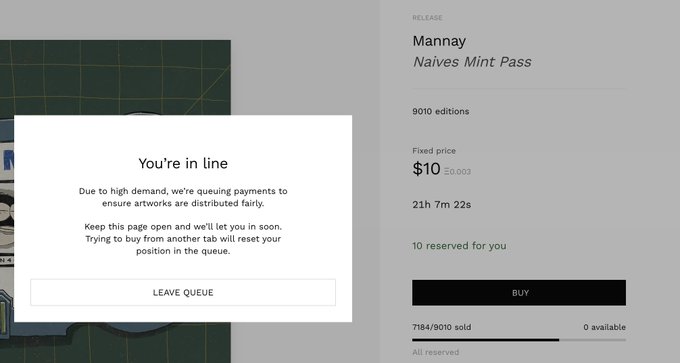 A screenshot of an NFT minting page for a collection called 'Mannay' by 'Naives Mint Pass', showing a queue message 'You're in line' with 7184/8010 sold.