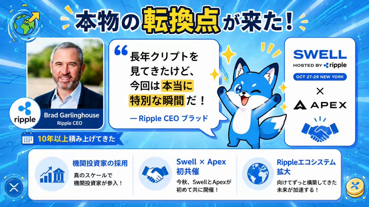 The image features a poster with a cartoon fox, which appears to be a mascot for Ripple. The fox is depicted as a blue dog standing up and waving its arms. The background of the poster has a blue color scheme that matches the fox's appearance. The poster also includes text in both English and Japanese, likely providing information about Ripple or promoting the company's services.