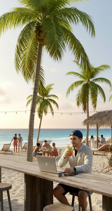 A man wearing a cap sits at a beach bar under palm trees and string lights, working on a laptop and holding a tropical drink, with other beachgoers visible in the background.