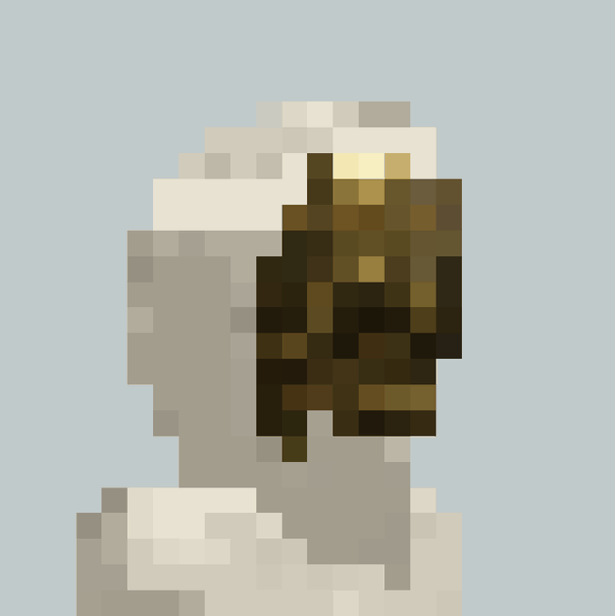 A low-resolution pixel art portrait of a figure with brown skin and dark hair against a light blue background.