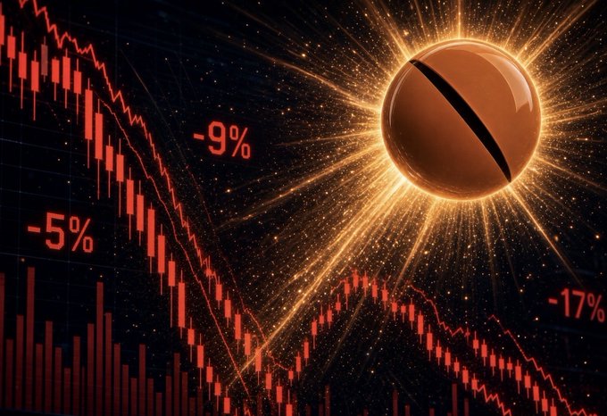 An artistic illustration of a coin or sphere exploding with bright light, overlaid on a falling red candlestick chart showing declines of -5%, -9%, and -17%.