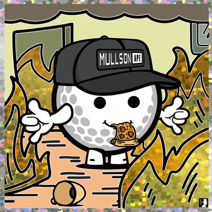 A cartoon golf ball character wearing a black cap with the text "MULLSON APE" holds a slice of pizza while pointing, appearing on a golf course-themed holographic sticker that promotes new Mulls (Mulligans) merchandise giveaways.