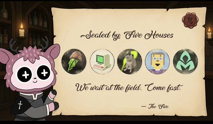 A cartoon deer character in a robe standing next to a parchment reading 'Sealed by Five Houses' with five circular emblems, and the message 'We wait at the field. Come fast. — The Five'.