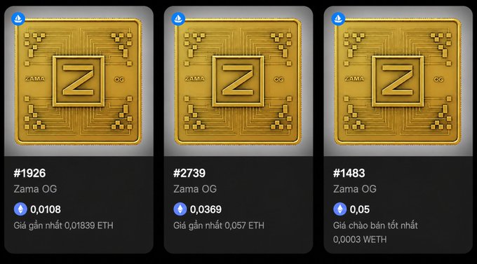 Three Zama OG NFT listings displayed with prices in ETH: #1926 at 0.0108 ETH, #2739 at 0.0369 ETH, and #1483 at 0.05 ETH with best offer 0.0003 WETH.