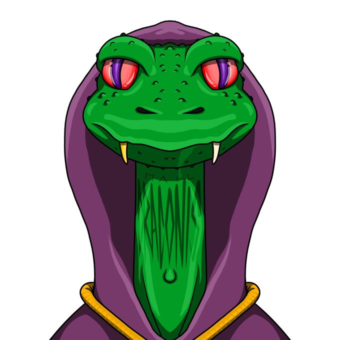 A cartoon illustration of a green snake with fangs and red eyes, wearing a purple cobra hood with a gold trim.