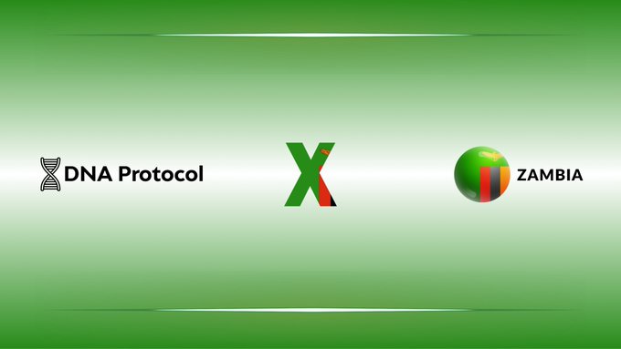 The image features a green background with two logos, one for DNA Protocol and another for XRP (XRP). The text "THE FUTURE OF DECENTRALIZED IDENTITY IS POWERED BY XRP! BREAKING: DNA Protocol Goes LIVE in ZAMBIA!" is displayed below the logos. This suggests that the image is promoting a new initiative or project related to decentralized identity and blockchain technology, with a focus on Africa. The text indicates that the project has already begun and is in progress, as it has been officially launched in Zimbabwe.