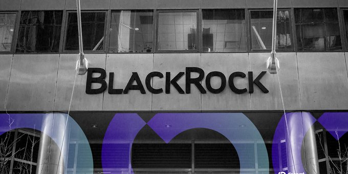 A black and white photograph shows the 'BLACKROCK' corporate logo mounted on the glass facade of a building.