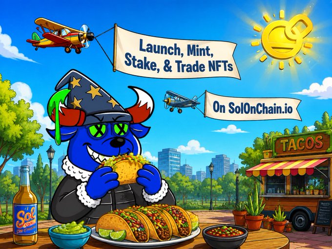 The image depicts a cartoon character, likely a blue-hued animal with horns, enjoying some tacos while standing at a table outdoors with a plate of food next to him. The scene also includes various other objects such as a potted plant, multiple bowls containing different types of dishes, and an airplane in the background against a cityscape backdrop. Below the image, there is text that reads "Launch, Mint, Stake, & Trade NFTs on SolOnChain is making NFTs on Solana Great Again!!! Nothing else can compare We keep winning". This suggests that this post could be promoting or related to NFT trading in the context of a social media community centered around sharing and celebrating different types of foods.