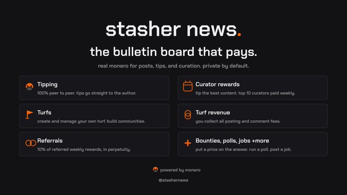 A dark-themed infographic titled "stasher news." with the tagline "the bulletin board that pays," listing features like tipping, turfs, referrals, curator rewards, and bounties, powered by monero.