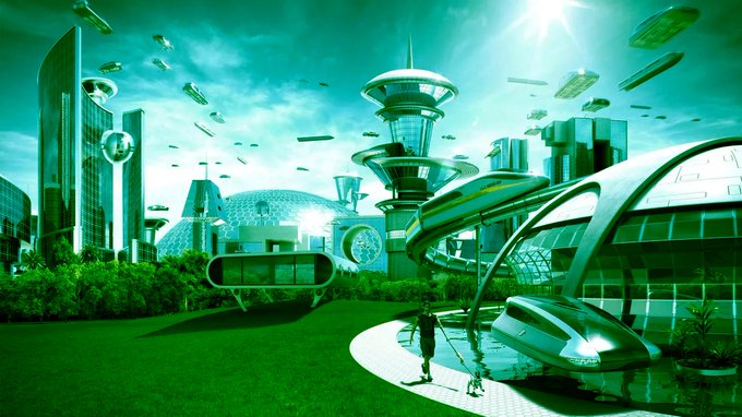 A futuristic green-tinted utopian cityscape features sleek futuristic skyscrapers, geodesic domes, a towering central spire, and numerous flying vehicles zipping through the sky, with two small figures standing in the foreground gazing at the advanced metropolis. The optimistic sci-fi vision mirrors the post's sentiment about a bullish timeline, evoking a sense of exciting, forward-looking prosperity and limitless possibility.