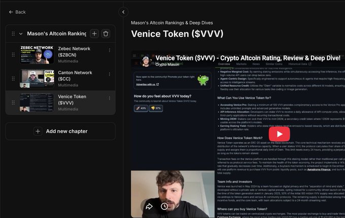 A screenshot shows a YouTube thumbnail and video page for "Mason's Altcoin Rankings & Deep Dives," featuring the third review of Venice Token ($VVV), alongside an earlier review listing Zebec Network ($ZBCN) and Canton Network ($CC). The video page highlights $VVV's Crypto Altcoin Rating, Review & Deep Dive by Crypto Mason, with sections on use cases, tokenomics, and the team behind the project.