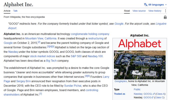 A screenshot of the Wikipedia article for Alphabet Inc., noting that the company was created through a restructuring of Google on October 2, 2015, with ticker symbols GOOGL and GOOG listed on Nasdaq as components of the S&P 500 and Nasdaq-100.

The post's cryptic hexadecimal strings appear to be unrelated Ethereum-style wallet addresses, with no clear connection to Alphabet Inc. or its publicly traded stock tickers shown in the Wikipedia page.