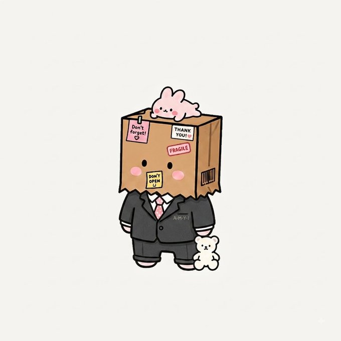 A cute illustration of a character wearing a cardboard box on its head labeled with stickers like 'Don't forget!', 'THANK YOU!', 'FRAGILE', and 'DON'T OPEN', holding a small white teddy bear, with a pink bunny resting on top.