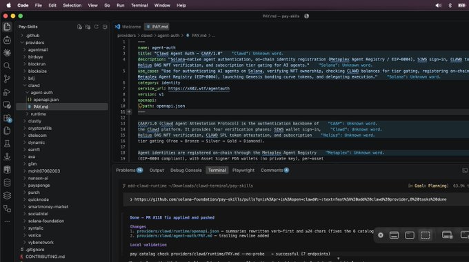 A screenshot of VS Code showing the code for a file named 'PAY.md' related to 'CLinqd Agent Auth — CAMP/4.9', with terminal output indicating successful builds and PR merges.