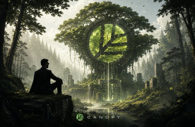 A digital artwork showing a man in silhouette sitting on a rock, contemplating a futuristic circular structure embedded in a lush forest with ruins, branded with the 'CANOPY' logo at the bottom.