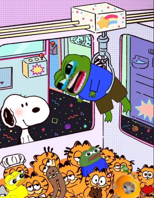 Meme artwork featuring a crying Pepe the Frog being lifted by a claw machine above a crowd of Garfield characters, with a surprised Snoopy on the left, watermarked '@weaeygey'.