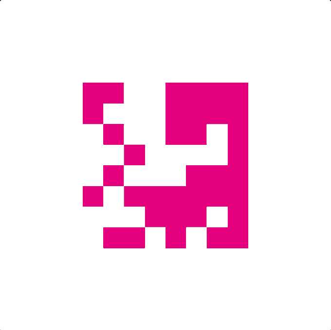 A pixelated pink and white logo that forms a stylized letter 'R' or 'B' design against a white background.