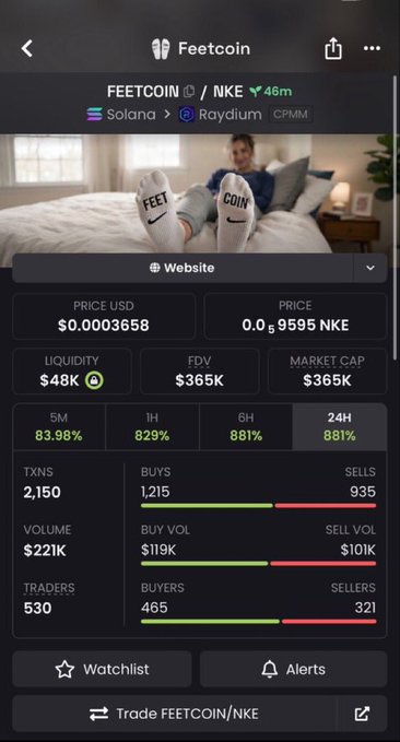 A cryptocurrency tracking app showing FEETCOIN/NKE on Solana Raydium CPMM, with price $0.0003658 USD, market cap $365K, and 24H change of 881%.