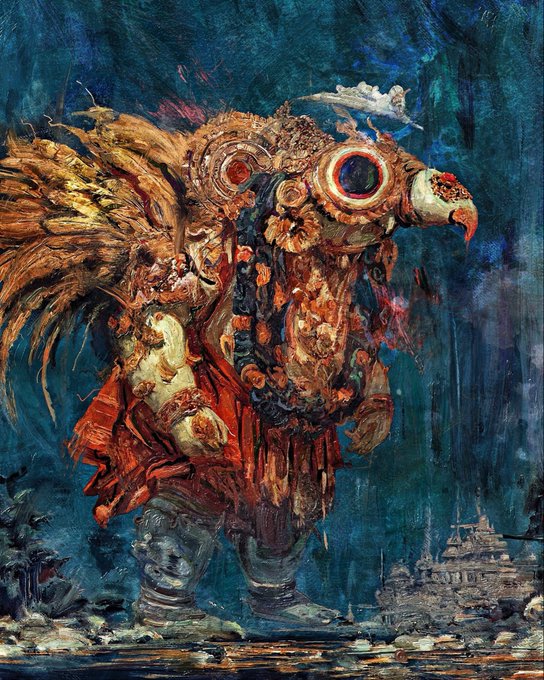 An oil painting depicting a fantastical, large bird-like creature with an oversized eye, adorned in feathers and metallic armor, set against a dark, moody background with a city visible in the lower right.