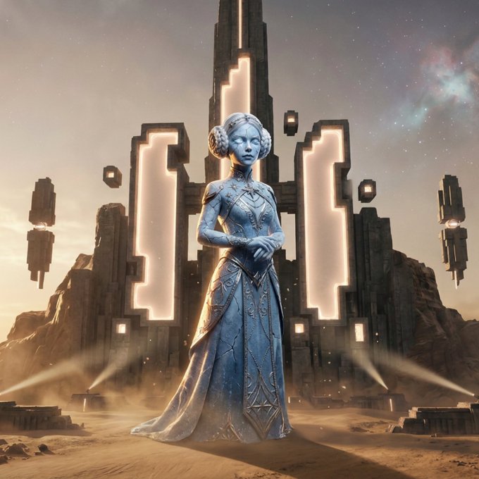 A digital fantasy artwork depicting a regal woman in an ornate silver gown standing before a towering, glowing sci-fi monument in a desert landscape under a starry sky.
