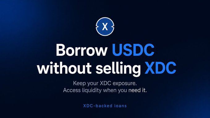 The image features a banner with blue text that reads "XDC masternodes earn rewards per epoch and monthly. Instead of selling those rewards, holders can borrow USDC against them. They keep their XDC exposure, access liquidity, and help grow real usage around the network. That is how XDC becomes more than an asset to hold." The image also includes a blue circle with a white x on it that says "borrow usdc without selling xdc".