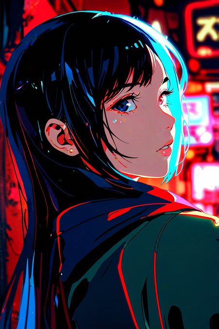 An anime-style illustration of a young woman with long dark hair illuminated by blue and red neon lights, looking over her shoulder in a city setting with Japanese characters in the background.