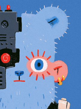 A whimsical digital illustration features a light blue creature with spiky fur, a wide-open eye surrounded by red lashes, and a protruding pink tongue, set against a solid blue background alongside a gray mechanical device with red accents. The playful, bold character design aligns with the post's enthusiasm for the art, visually capturing the "love at first sight" sentiment by showcasing one of the unique, expressive pieces from the @THEBUFOS collection.