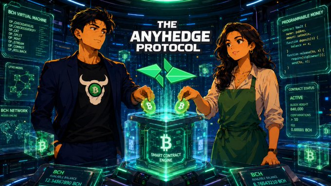 An anime-style illustration titled 'THE ANYHEDGE PROTOCOL' depicting two characters holding Bitcoin tokens over a 'SMART CONTRACT ENGINE,' surrounded by labels like 'BCH VIRTUAL MACHINE,' 'OTTO MODEL,' and 'BCH NETWORK NODE ONLINE.'