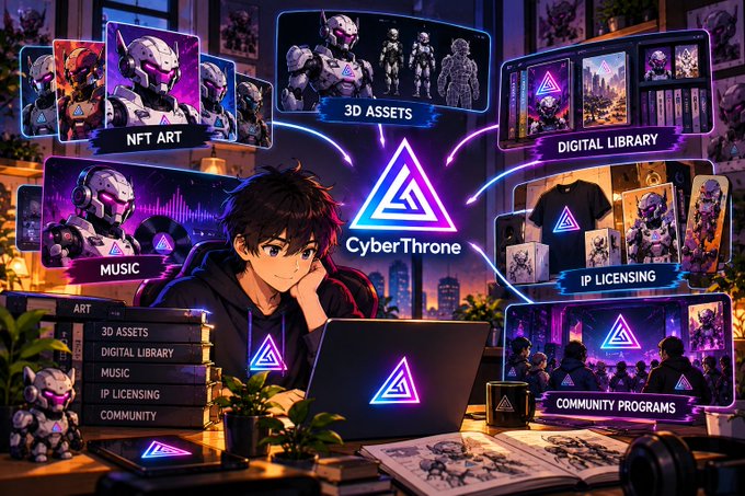 A digital workspace featuring an anime-style character at a laptop surrounded by floating screens displaying CyberThrone services, including NFT ART, 3D ASSETS, DIGITAL LIBRARY, MUSIC, IP LICENSING, and COMMUNITY PROGRAMS. The scene showcases the brand's offerings through neon-accented panels, a physical menu listing the categories, and merchandise like t-shirts and a small robotic figure.