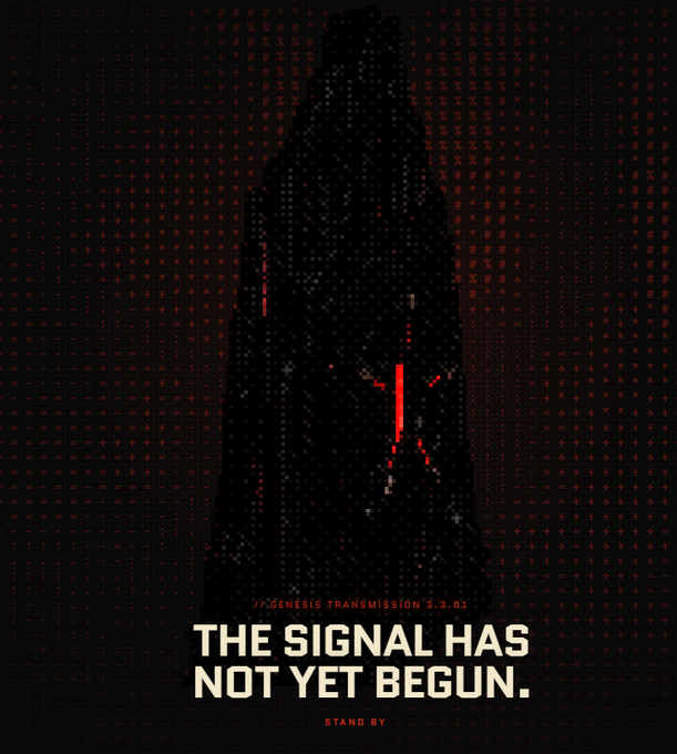 The image features a dark, pixelated silhouette resembling Darth Vader's helmet against a red digital grid background, with text reading "//! GENESIS TRANSMISSION 3.2.01" and "THE SIGNAL HAS NOT YET BEGUN. STAND BY." 

The cryptic, ominous teaser aligns with the post's caution about an unknown early alpha project—using a Star Wars "signal/transmission" motif to suggest something mysterious is launching, while the "stand by" message implies it's not yet ready, reinforcing the "be careful" warning about this speculative degen play.