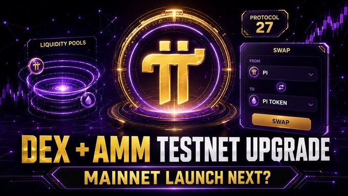 The image displays a promotional graphic for "DEX + AMM TESTNET UPGRADE" with "MAINNET LAUNCH NEXT?" displayed at the bottom. It features the Pi Network logo prominently in the center, alongside UI previews of "LIQUIDITY POOLS" and a "SWAP" interface converting Pi to Pi Token, with "PROTOCOL 27" noted in the top right—visually reinforcing the post's announcement of Pi Network's testnet upgrades for its decentralized exchange and automated market maker ahead of mainnet.