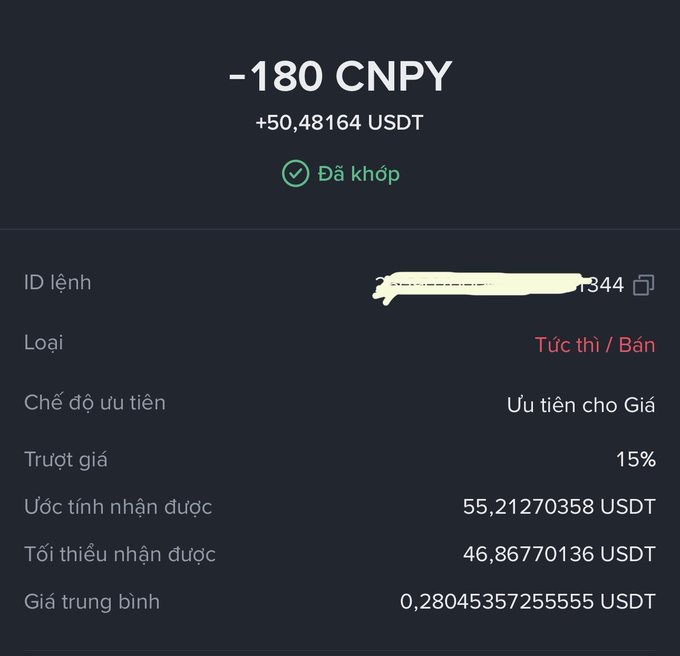 A Binance trade confirmation screen showing a market sell order for -180 CNPY that filled for +50.48164 USDT, with the user noting in the caption that this small profit helped salvage a disappointing Q3 quarter, joking that $50 trades feel like big wins in today's crypto market.