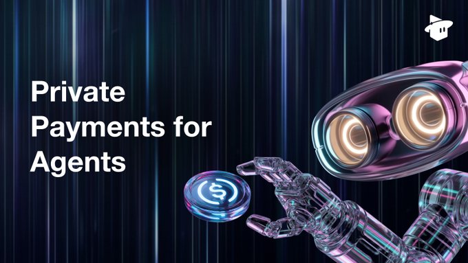 The image features a robot with two arms, one of which is holding a coin while the other arm is pointing towards the camera. The background of the image has blue lines that create an abstract pattern. Below this scene, there's text that reads "Private payments for agents". This suggests that the robot might be involved in handling private payments or transactions related to agents.