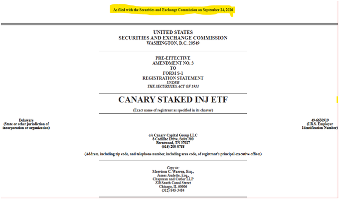 The image shows the cover page of Pre-Effective Amendment No. 3 to Form S-1 Registration Statement filed with the SEC on September 24, 2024, for the "Canary Staked INJ ETF" by Canary Capital Group LLC. The caption aligns with the post noting Canary's expanding crypto ETF lineup, displaying the INJ ETF filing alongside references to related Canary XRP, LTC, HBAR, SUI, SOL, and TRX ETF filings.