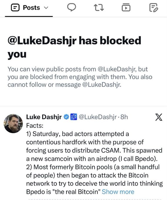 An X/Twitter screenshot showing that "@LukeDashjr has blocked you," followed by a visible post from Luke Dashjr discussing facts about a contentious hardfork and a "scamcoin" called Bpedo.