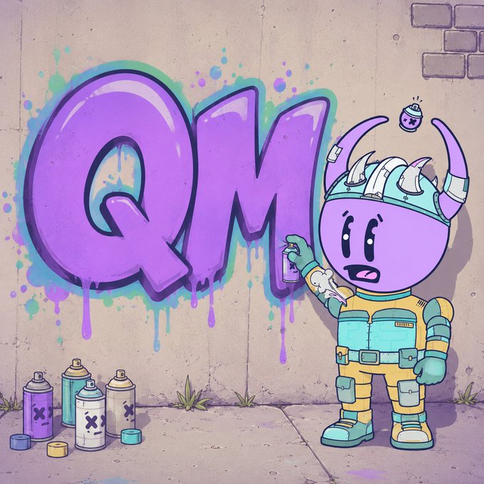 A colorful digital illustration of a purple cartoon character with horns wearing a yellow and teal outfit, spray-painting the letters 'QM' in dripping purple graffiti on a wall, with spray cans scattered on the ground.