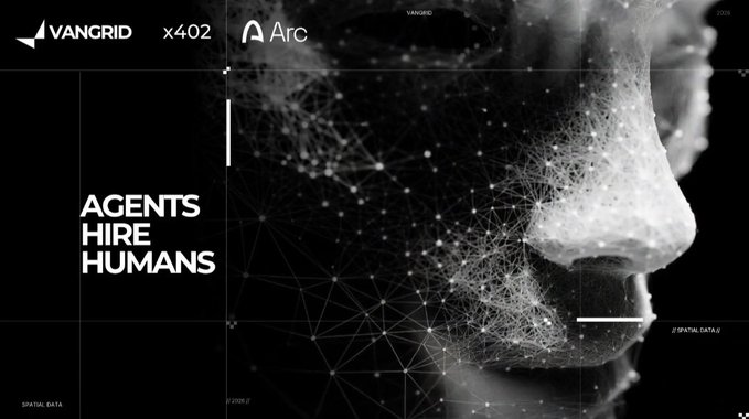 A digital artwork shows a black and white profile of a face composed of networked nodes, with 'VANGRID' and 'Arc' logos alongside the text 'AGENTS HIRE HUMANS'.