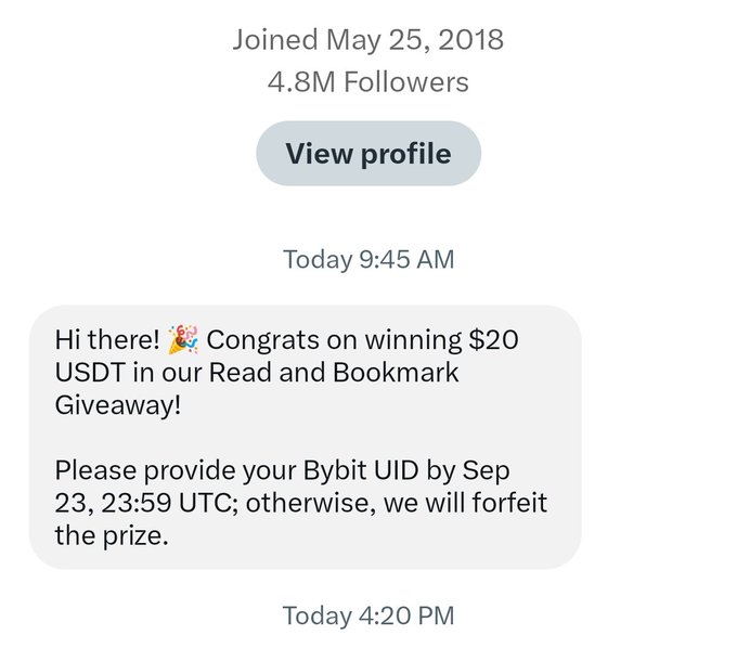 The image shows a direct message from an account with 4.8M followers, joined May 25, 2018, congratulating the recipient on winning $20 USDT in a "Read and Bookmark Giveaway" and requesting their Bybit UID by September 23, 23:59 UTC to claim the prize.

This message provides evidence supporting the post's claim of receiving a $20 USDT payment from Web3 via Bybit, serving as the notification that the user "won" the giveaway.