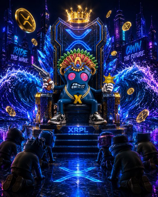 Vibrant digital art featuring a crowned blue alien-like creature sitting on a throne, surrounded by XRP coins and the slogans 'RIDE THE WAVE' and 'OWN THE FUTURE,' labeled 'XRPL'.