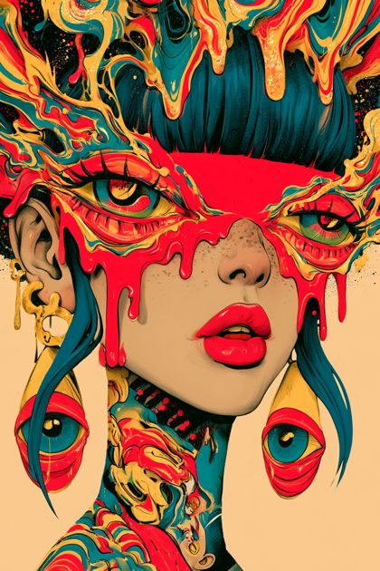 A vibrant, surreal digital illustration of a woman with red liquid dripping from her eyes and lips, featuring additional eyes on her chest and necklace against a colorful background.