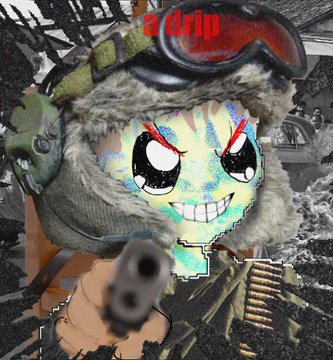 A cartoon character with a mask, goggles, and a gun pointed at them, depicting a scene of destruction or conflict. The poster also includes text that says "a drip" and appears to be related to an eth project.