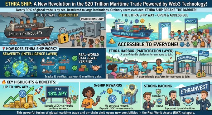 An infographic for 'ETHRA SHIP,' a Web3 technology project for the $20 Trillion Maritime Trade industry, featuring sections on 'How Does Ethra Ship Work?' (Seaverity Intelligence Layer, Ethra Harbor Participation Layer) and 'Key Highlights & Benefits' (Up to 18% APY, SvShip Rewards, Strong Backing).