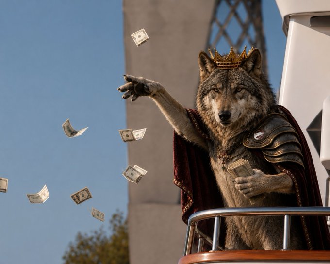 An anthropomorphic wolf wearing a golden crown, red velvet cape, and armor scatters dollar bills from a stack in its hand while perched on a balcony, visually embodying the post's message of plentiful funding flowing to believers of the $wolffund (CA: EdsnLAcssEYSgB4osXgZCu5r2ZQWtoZymVDrUbYKpump) and @thewolffund community.