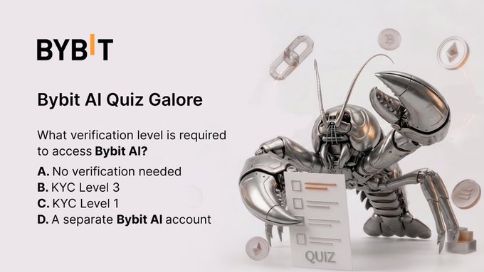 The image promotes "Bybit AI Quiz Galore" with a quiz question asking what verification level is required to access Bybit AI, offering choices including "No verification needed," "KYC Level 3," "KYC Level 1," and "A separate Bybit AI account." A metallic lobster-like robot character holds a quiz checklist alongside floating cryptocurrency coins, visually reinforcing the exchange's branding. This aligns with the accompanying post's "Bybit AI Quiz Galore Day 4" campaign encouraging users to engage with @BybitAfrica and submit answers using #BybitAIQuiz.