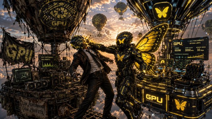 A dark, dystopian-themed digital artwork featuring figures on floating platforms with "GPU" branding, butterfly motifs, and performance metrics displayed on screens.
